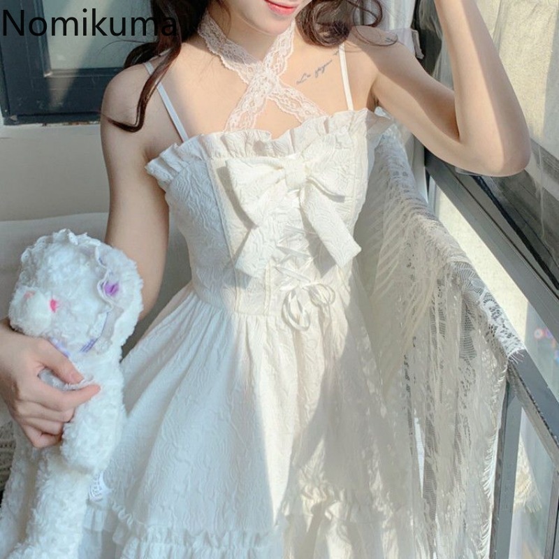 Robe d'été mignonne pour femmes, Style Lolita, douce japonaise, à bandes, avec nœud, à volants, blanche, 2025
