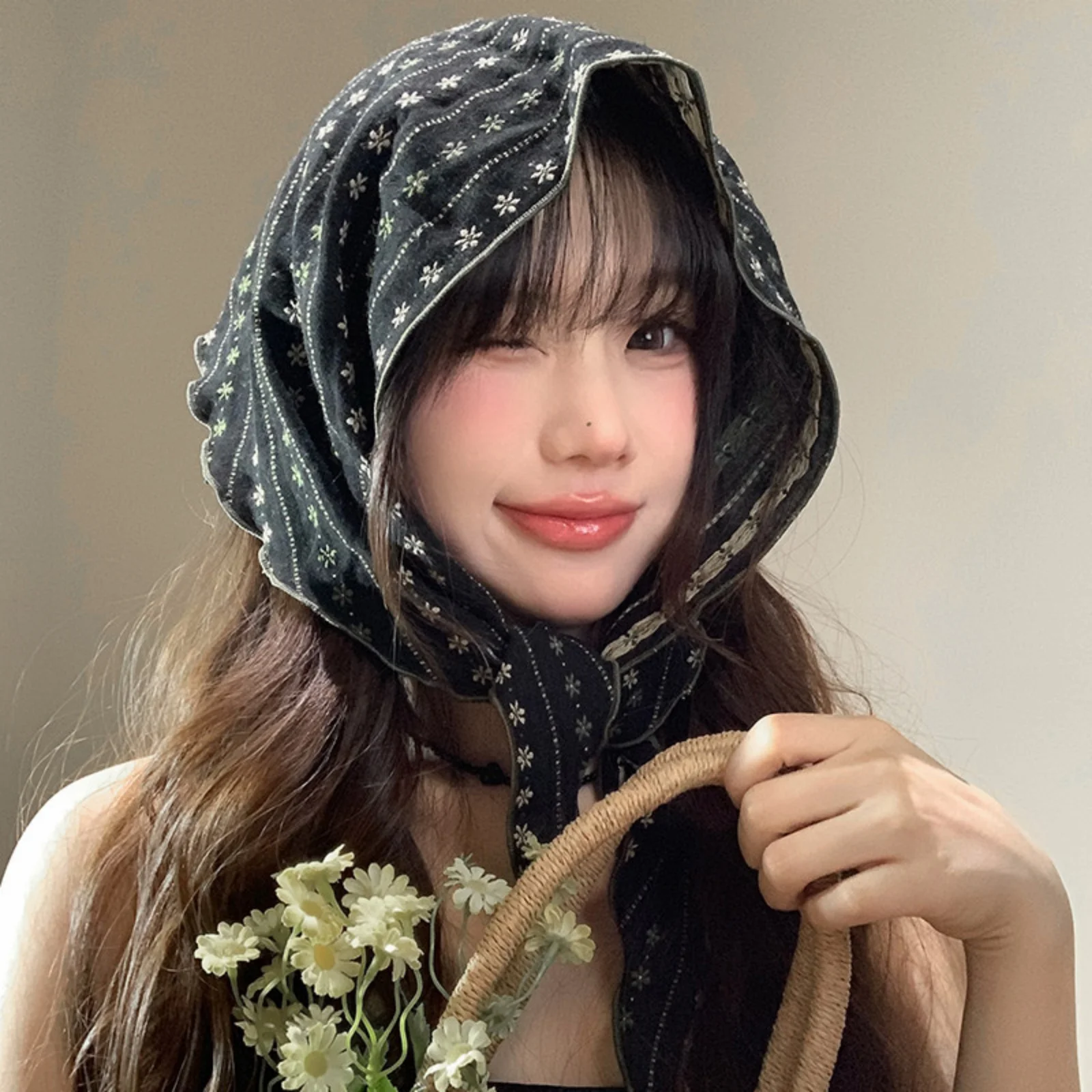 1PCÉcharpe triangulaire florale vintage, bandana fin et doux, bandeau bohème pour femme, accessoires de coiffure tendance pour le quotidien printemps-été