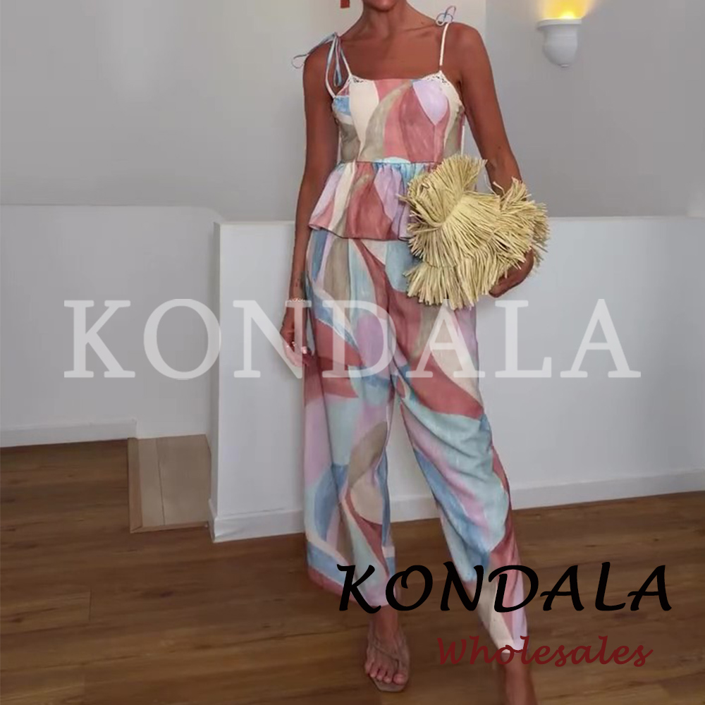 KONDALA Fashion 2026 Ensemble décontracté imprimé pour femme, idéal pour les vacances à la plage : débardeur slim et pantalon long à jambes larges, élégant pour femme