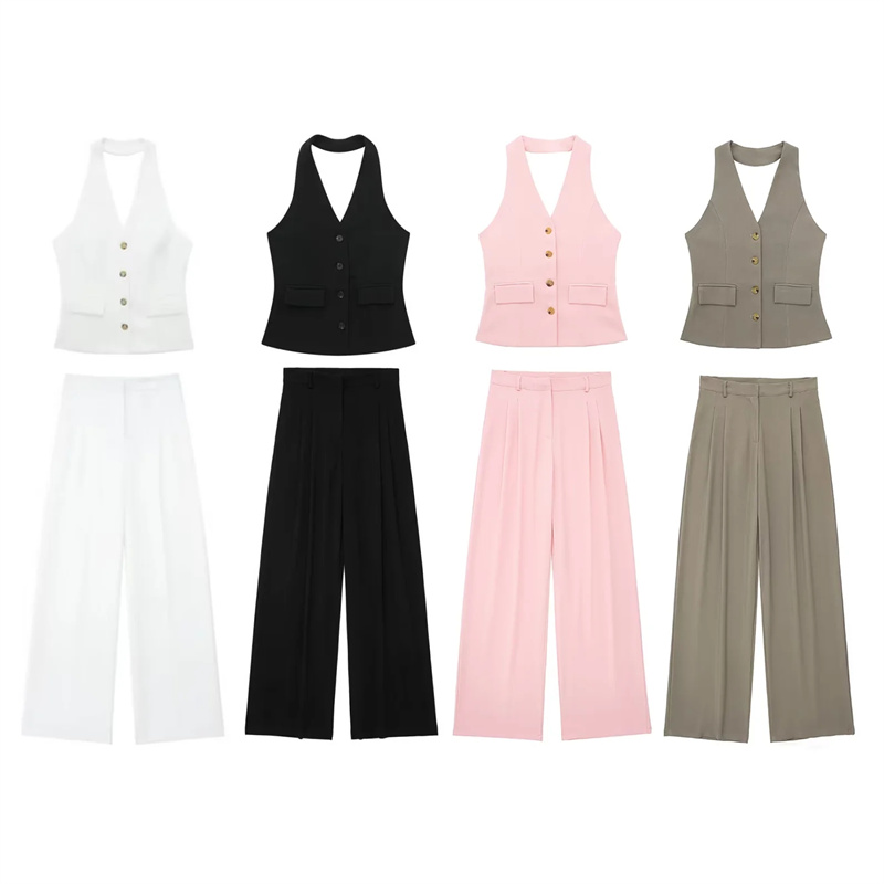 MUJER pantalons ensembles pour femmes 2 pièces épaules dénudées gilet sans manches femme tenue mode pantalon à jambes larges élégant décontracté ensemble pour femmes