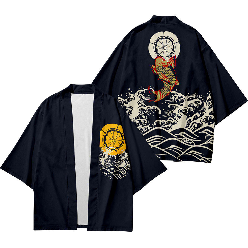 Kimono noir pour femmes et hommes, Obi japonais, Yukata pour garçons, Haori, manteau à imprimé vagues japonaises, vêtements traditionnels japonais