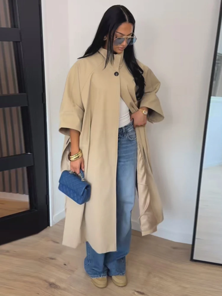 Manteau long trench-coat kaki à col montant pour femme, coupe ample, bouton unique, manches mi-longues, fente latérale, coupe-vent, 20260, vêtements d'extérieur automne pour femme