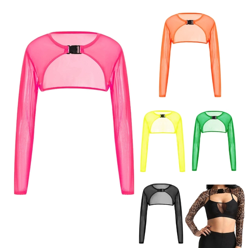 T-Shirt à manches longues avec boucle pour femme, haut court Sexy, maille transparente, couleur unie, léopard, transparent, Rave Party, Cover-Up