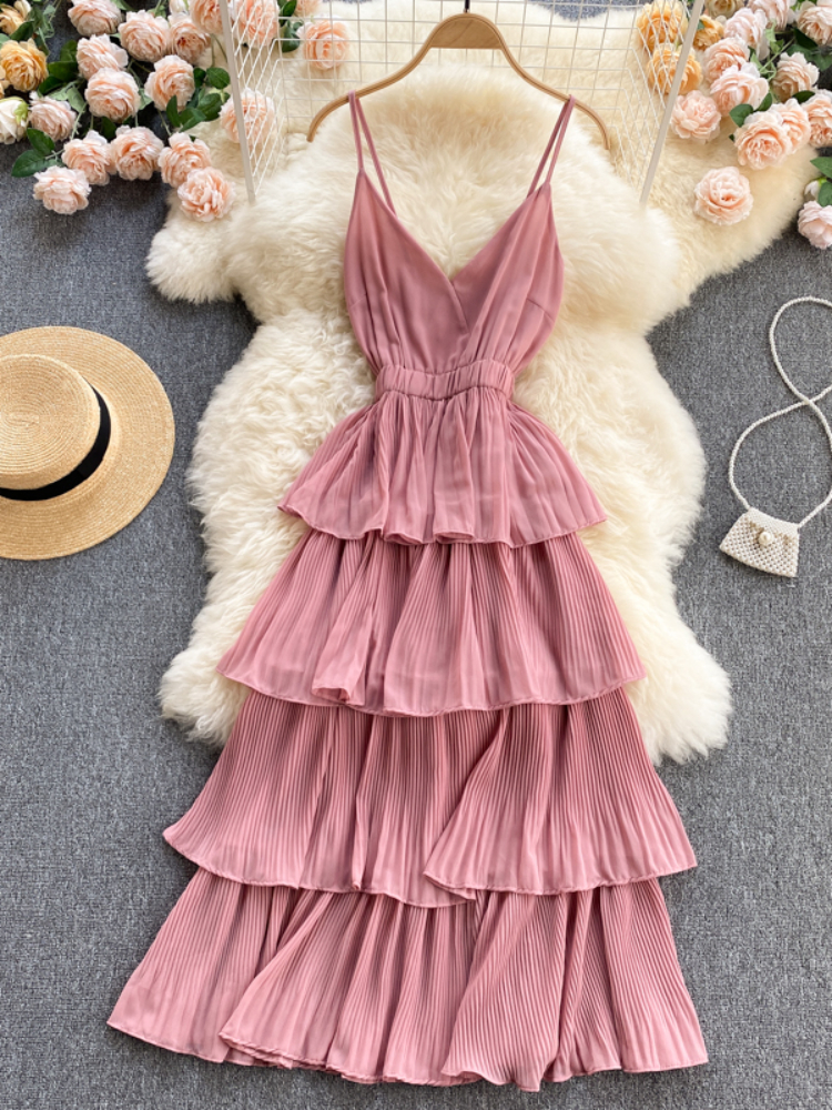 Robe de plage mi-longue à volants pour femmes, col en V, couche plissée, robes de plage élégantes, robe trapèze, sexy, nouveau, été, 2021