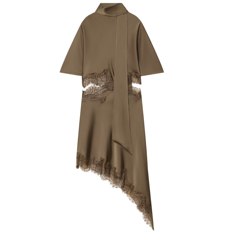 Robe asymétrique en satin et dentelle HXAO pour femme, collection été 2026, avec écharpe, manches courtes, découpes, style chic et élégant pour les soirées