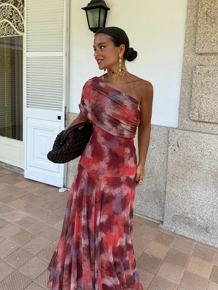 Robe longue vintage à imprimé asymétrique pour femme, sans manches, en maille plissée et mousseline, élégante pour mariage, soirée ou événement, 2026