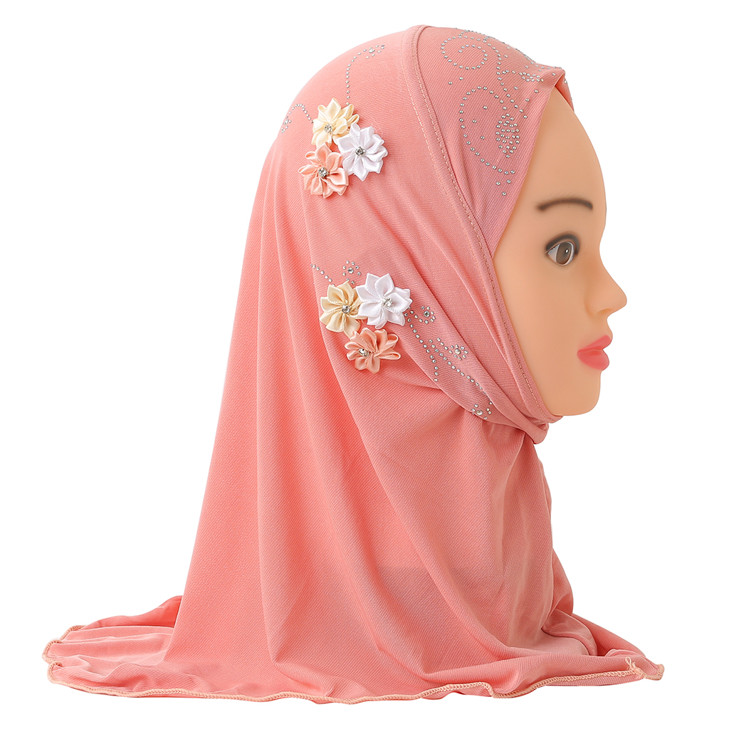 H075 belle petite fille Al amira hijab avec des fleurs faites à la main s'adapte aux enfants de 2 à 6 ans tirer sur écharpe islamique enveloppement de tête
