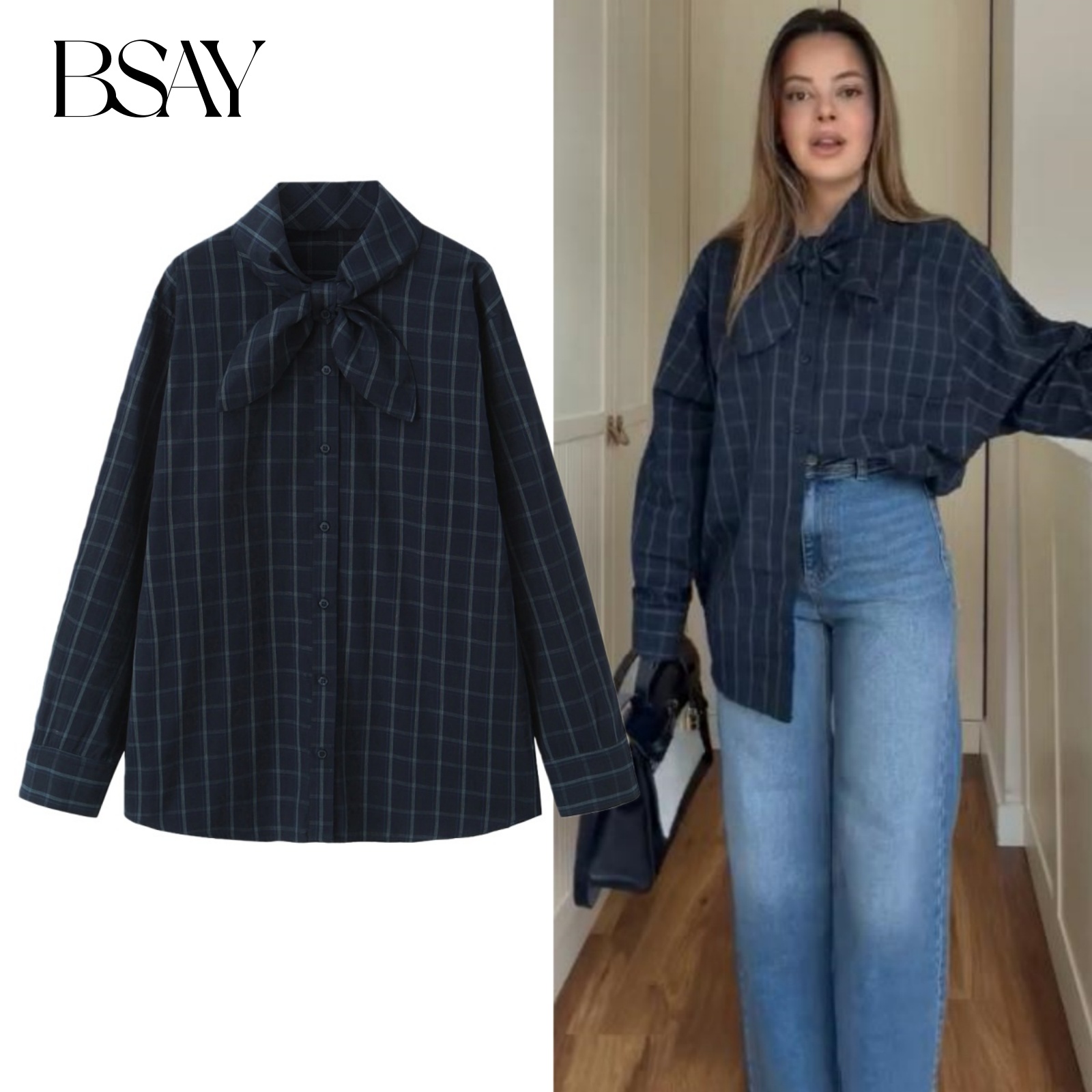 BSAY écharpe plaid popeline chemise femmes mode 2025 automne hiver nouveau nœud bouton lâche manches longues Blouses Chic dames hauts mujer