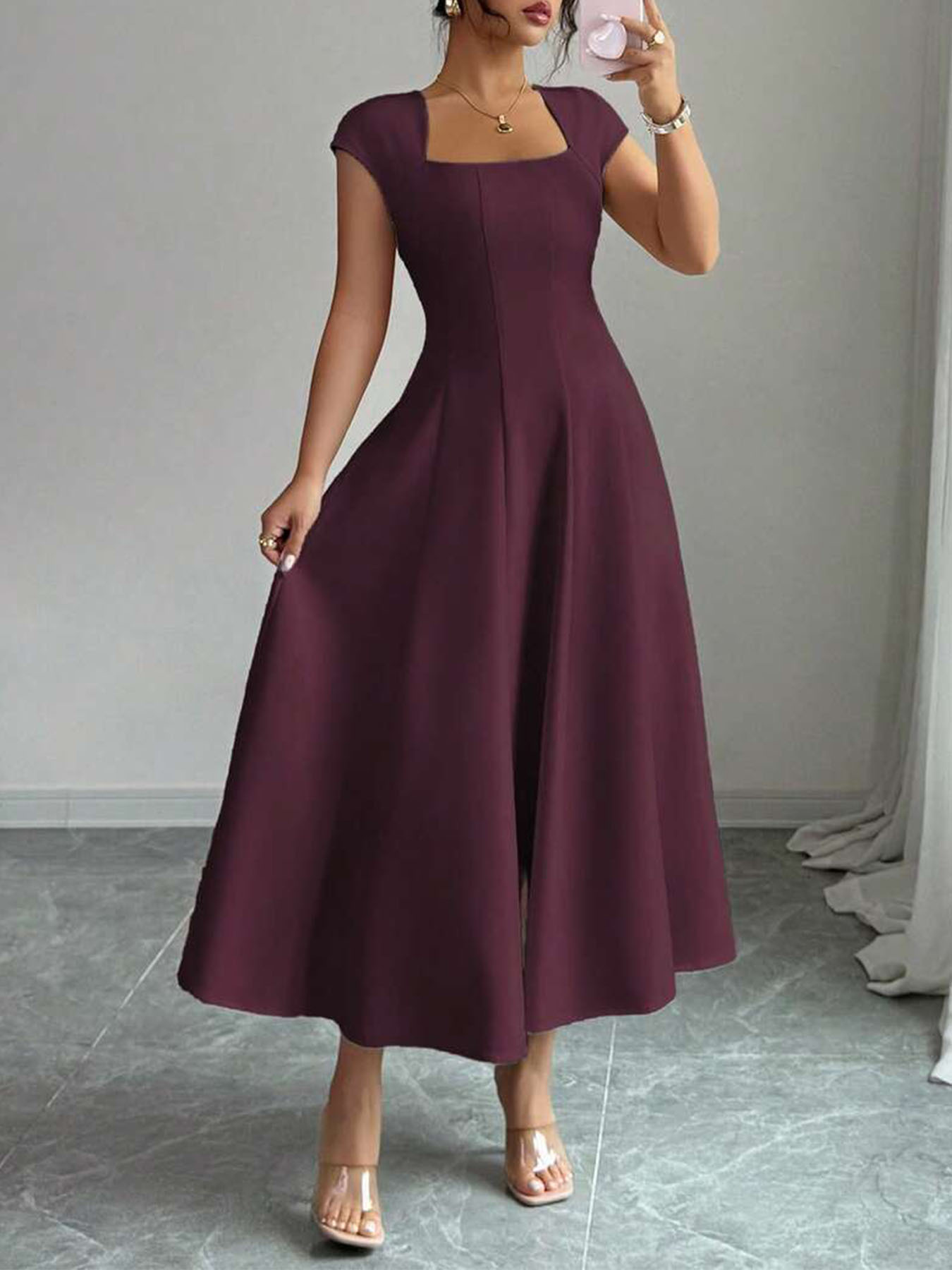 Robe midi à col carré pour femme, robe évasée ajustée à manches courtes, tenue élégante pour le bureau, les fêtes et les rendez-vous