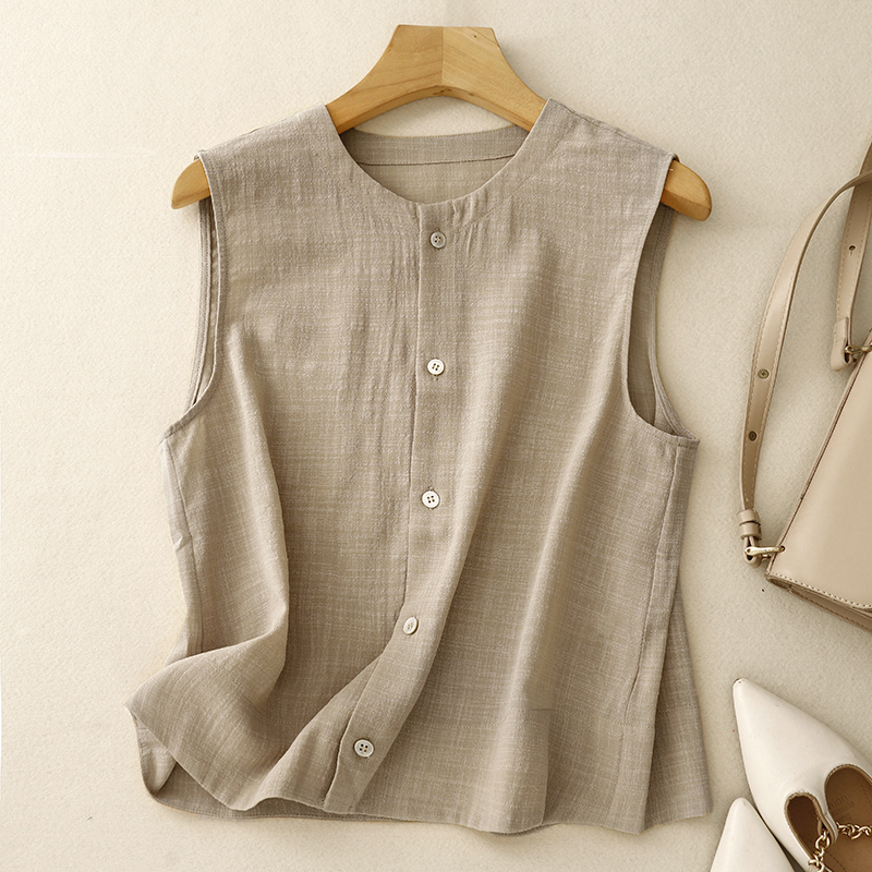 Gilet en coton et lin pour femmes, Style coréen, rose doux, kaki, veste d'été fine sans manches, col rond, boutons, chemises de couverture, Cardigan
