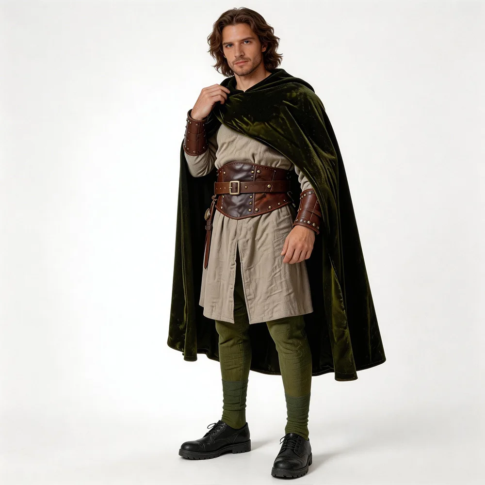 Cape à capuche pour homme, couleur unie, en velours, style médiéval, cape de la Renaissance avec capuche, costume de pirate ou de sorcier pour performance