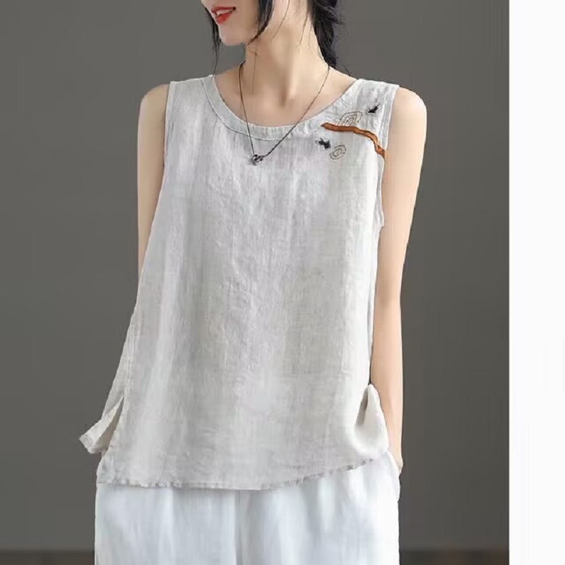 Haut brodé de gilet en coton et lin pour femme