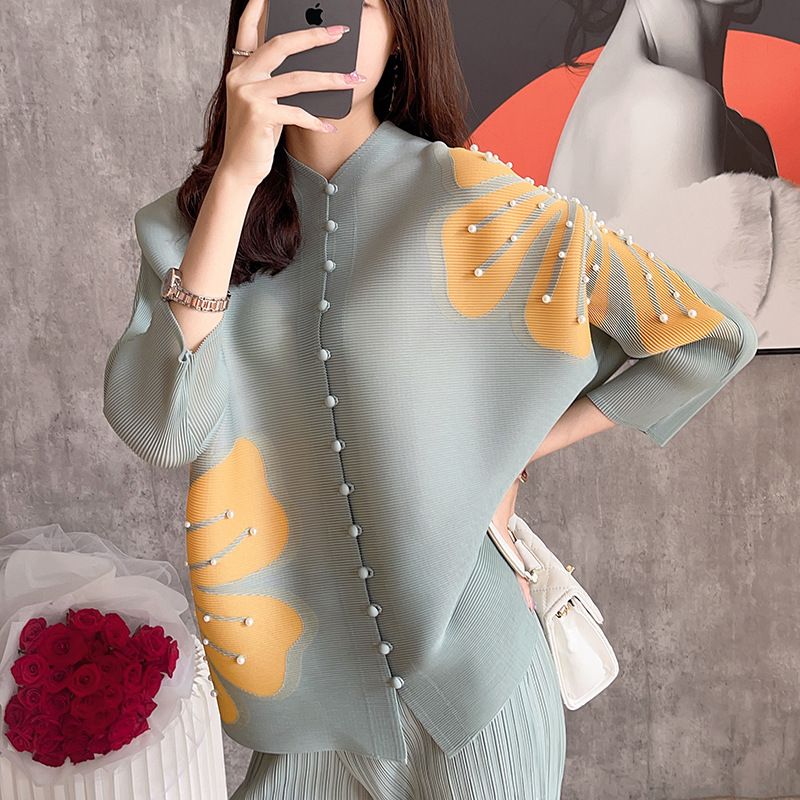 Vêtements pour femmes Miyake plis mode Cardigan haut Style d'été coupe ample manches chauve-souris chemise imprimée vêtements d'hiver femmes