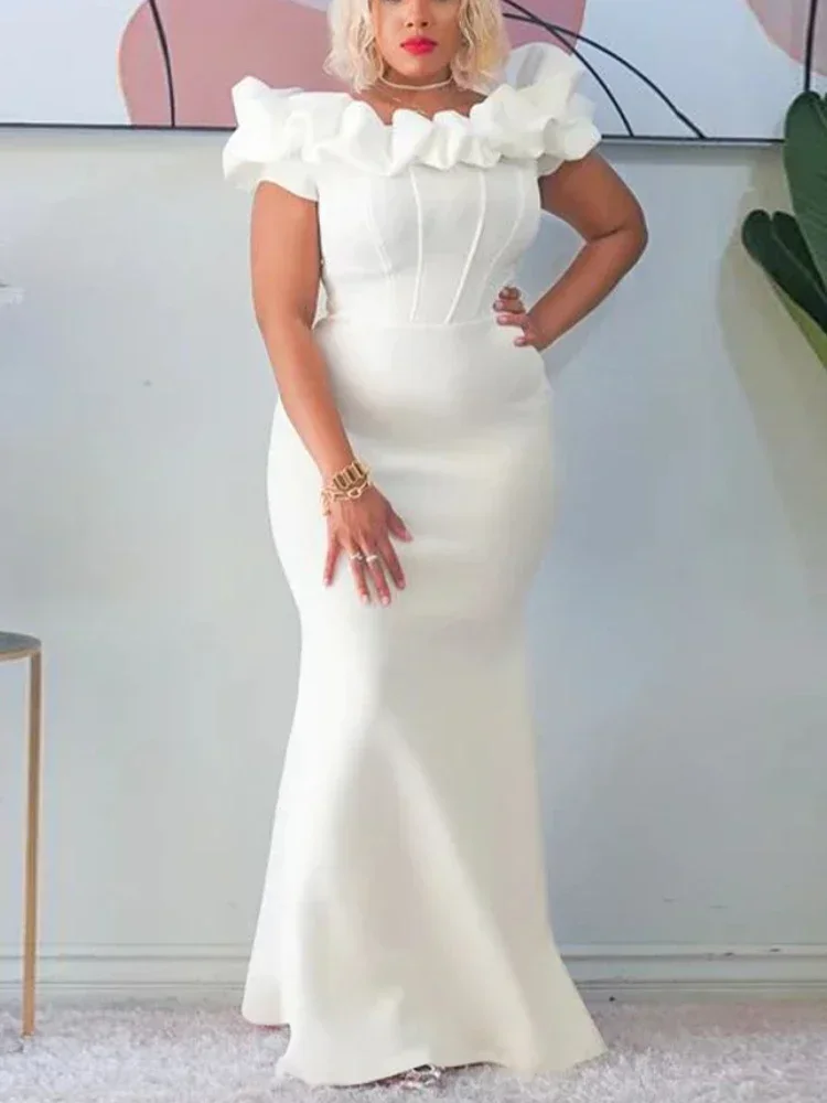 Robe de Soirée Longue et Élégante pour Femme, Tenue Froncée, Slim, Batteries, Sirène, Blanche, pour Invités de Mariage