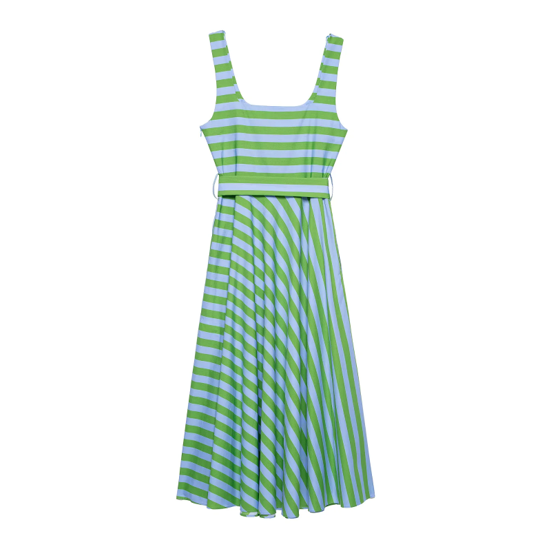 Robe midi chic pour femme, style été, avec ceinture, rayures, boutons sur le devant, fermeture éclair latérale, bretelles vintage, col carré, design élégant