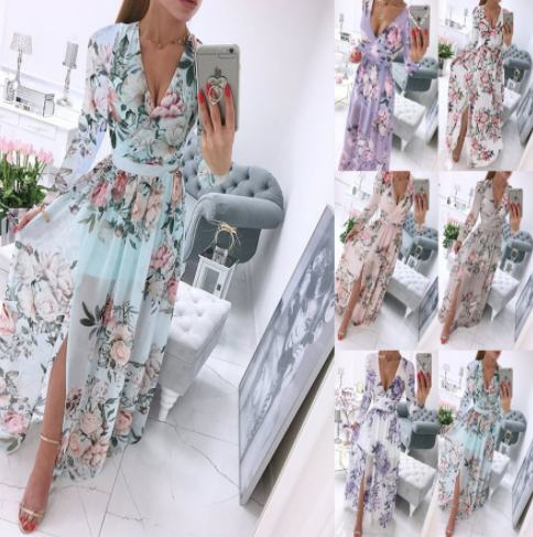 Robe bohème en mousseline de soie pour femme, manches longues, col en V, imprimé