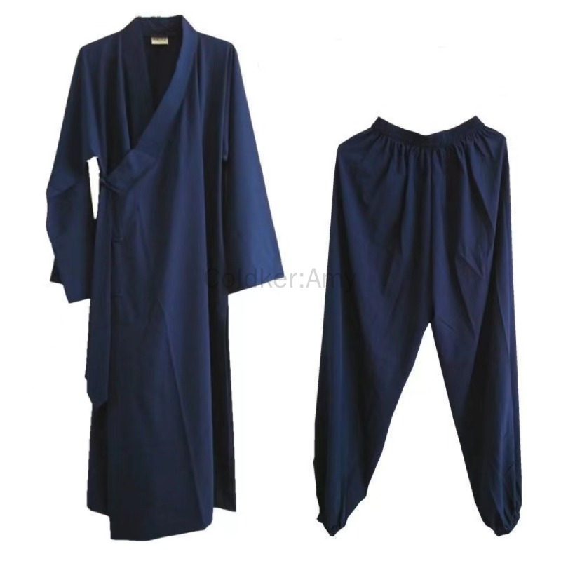 Costume de moine Kung Fu noir bleu marine pour adultes, robe longue unisexe, robe Hanfu vintage, costume traditionnel chinois