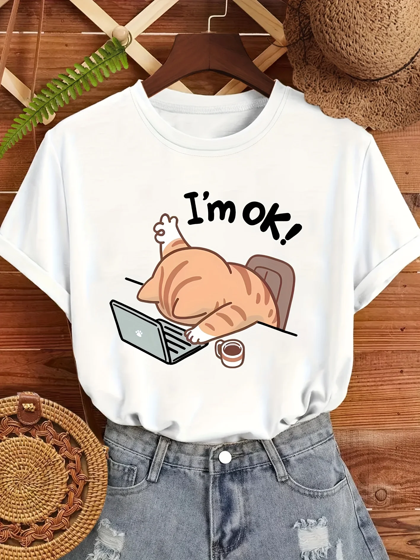 T-Shirt manches courtes col rond femme, mignon, avec image de chat «je suis OK», décontracté, élégant, Design de chat endormi, imprimé de chat de dessin animé