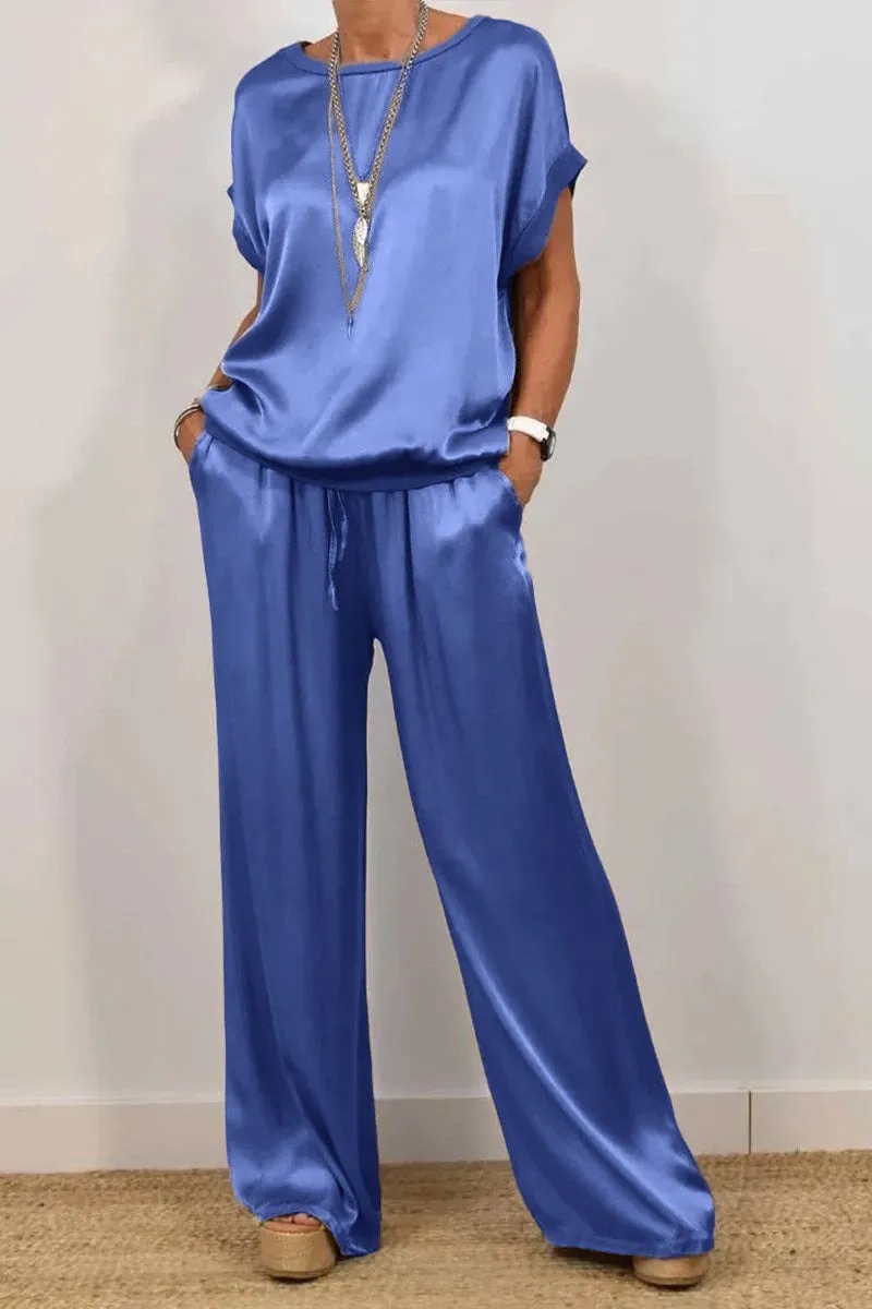 Ensemble deux pièces en Satin pour femmes, t-shirt et pantalon amples, décontracté, à la mode, col rond, manches courtes, costume printemps été, jambes larges