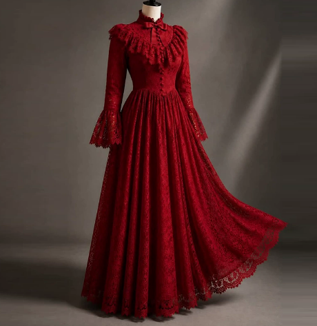 Robe longue élégante pour femme, nouvelle collection Printemps-Automne 2026, couleur unie, dentelle, volants, patchwork, taille cintrée, manches longues, style tempérament
