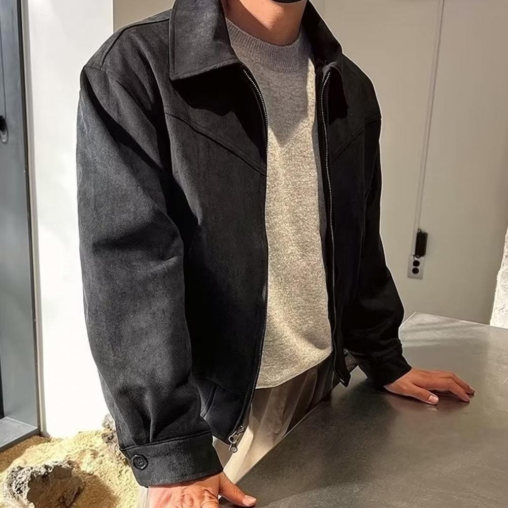 Veste zippée élégante pour hommes, veste à revers avec fermeture à glissière, poches latérales, couleur unie, vêtements d'extérieur pour Style court, manches longues