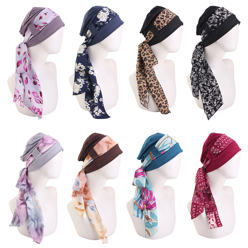 Mode européenne et américaine : Ensemble deux pièces comprenant un foulard imprimé, des bandeaux, un bonnet de chimiothérapie, un turban et un bonnet de protection.