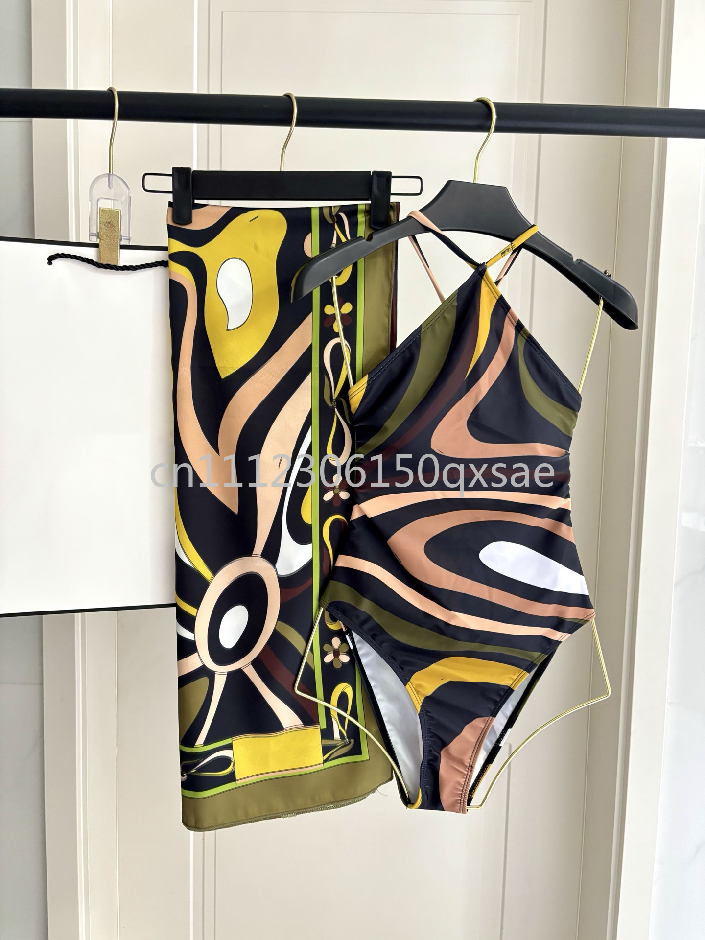 Maillots de bain pour femmes de luxe, marron, avec foulard et logo signature de créateur, style classique, avec ruban