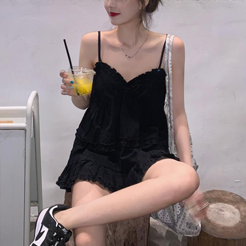Camisole sexy à volants pour femmes, couleur unie, haut précieux, décontracté, slim, col en V, vêtements féminins, nouvelle mode, été
