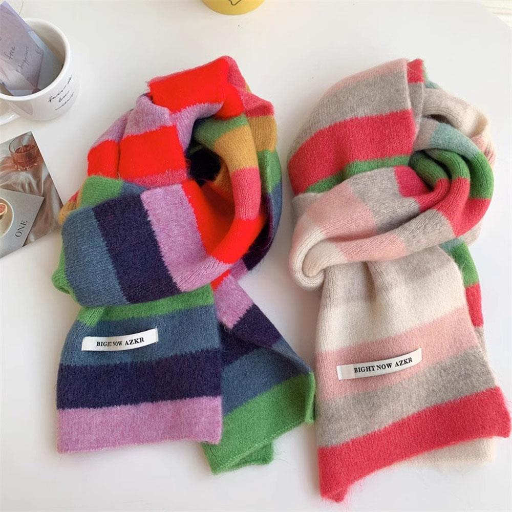 Harajuku Y2K arc-en-ciel rayé tricoté écharpe Style coréen longues écharpes automne hiver tricots châle Foulards chaud laine cou écharpe