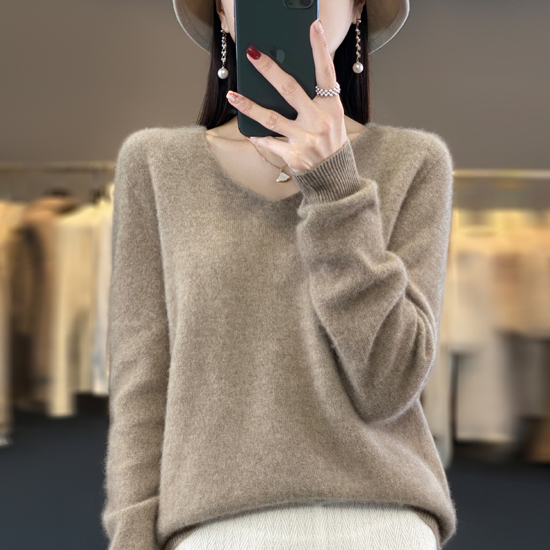 Pull en cachemire 100% pure laine pour femme, col en v, haut en tricot décontracté, manteau pour femme, mode coréenne, automne et hiver