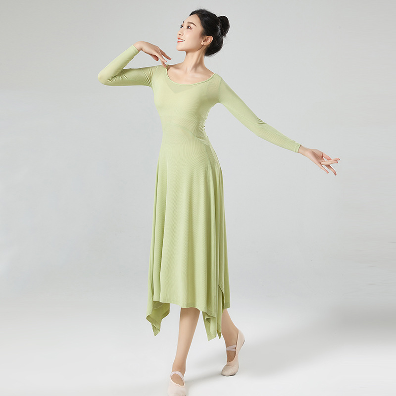 Robe longue de danse moderne pour femmes, vêtements d'entraînement en soie glacée solide, grand col en U, ourlet fendu irrégulier, Costume de culte de danseuse folklorique