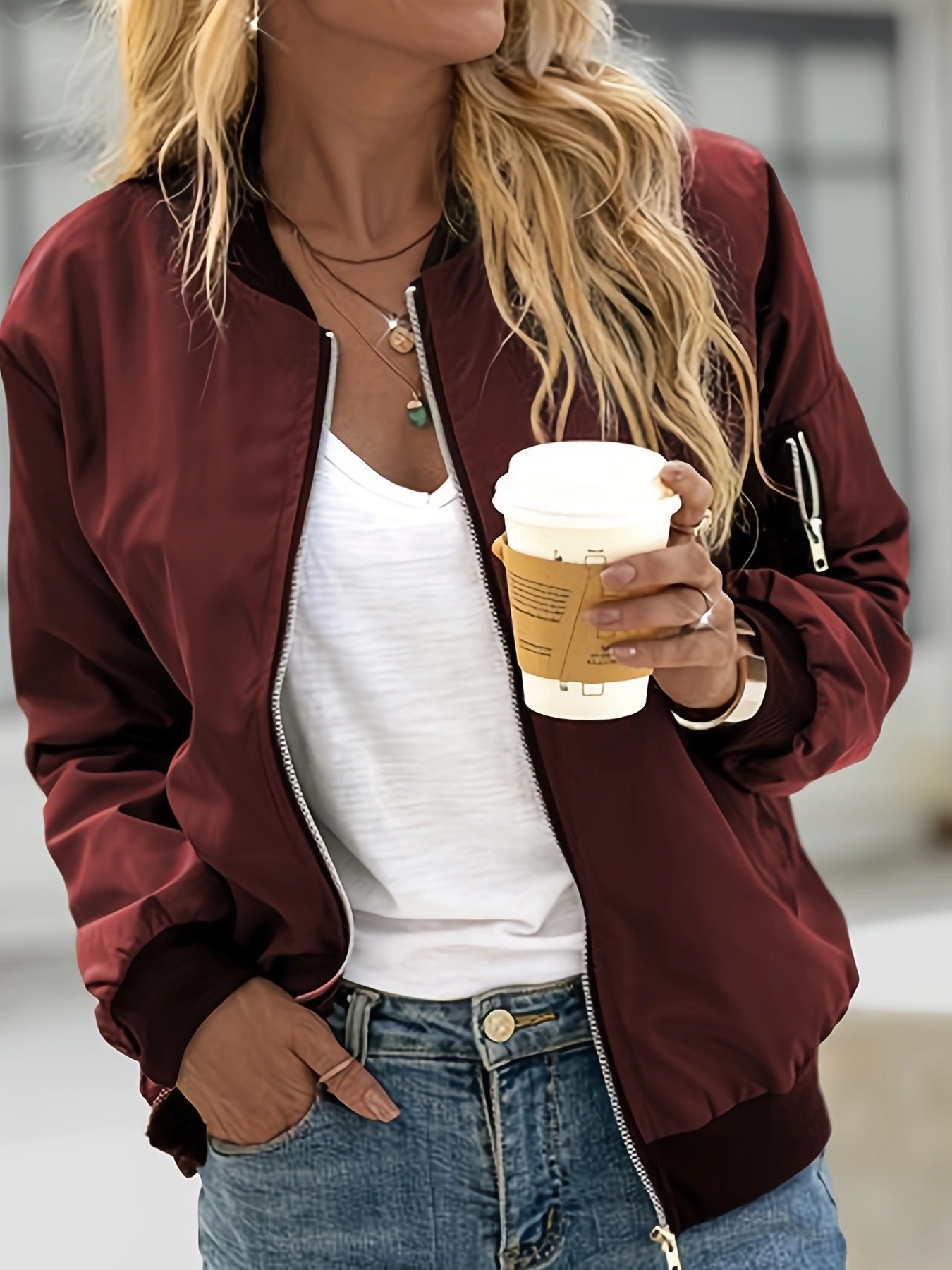 Veste bomber décontractée pour femme à manches longues avec fermeture éclair, coupe-vent léger avec poches, pour un usage quotidien en extérieur
