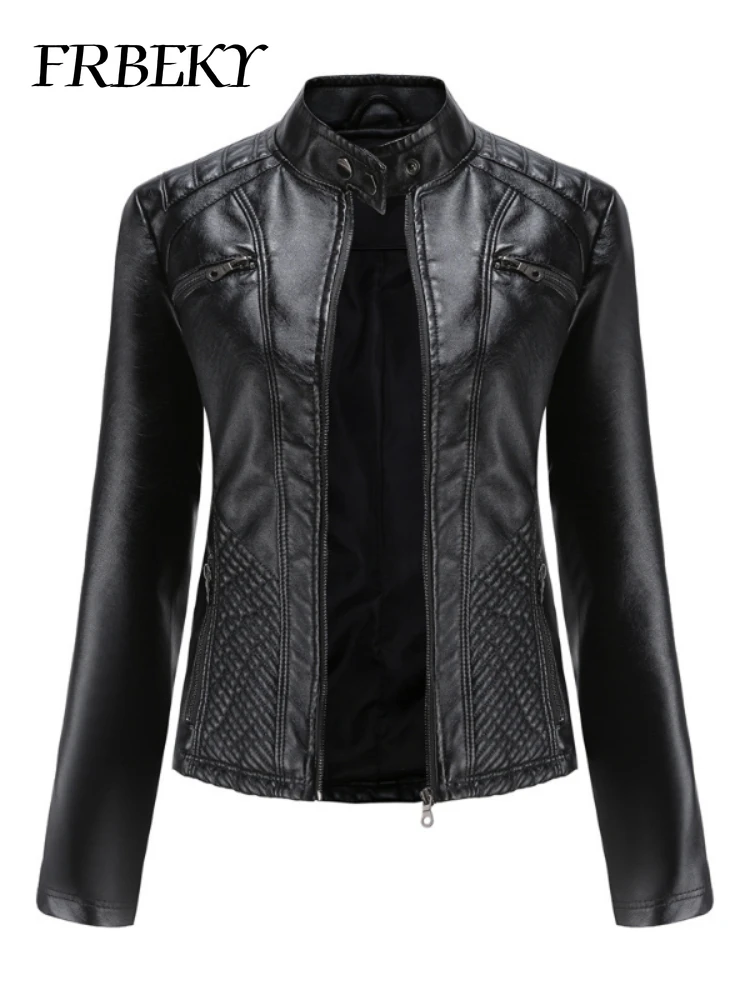 Femmes manteau automne nouvelle veste en cuir décontractée col montant à manches longues veste mince couleur unie manteau Streetwear veste à glissière