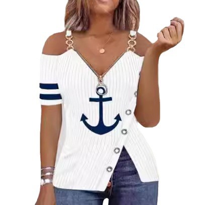 T-shirt à manches courtes pour femmes, haut imprimé, fermeture éclair, ourlet fendu, printemps, été, vêtements pour femmes, chemisier en Y