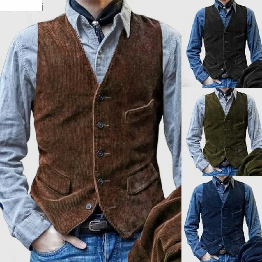 Gilets Vintage pour hommes, gilet en velours côtelé de Style britannique, manteaux décontractés, veste sans manches à simple boutonnage pour hommes, gilet formel