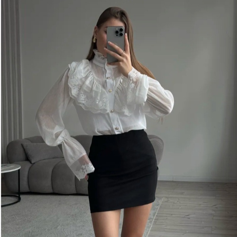 Chemise femme 2025 automne nouveau Style palais français col féerique en mousseline de soie à volants dame à manches longues haut blanc