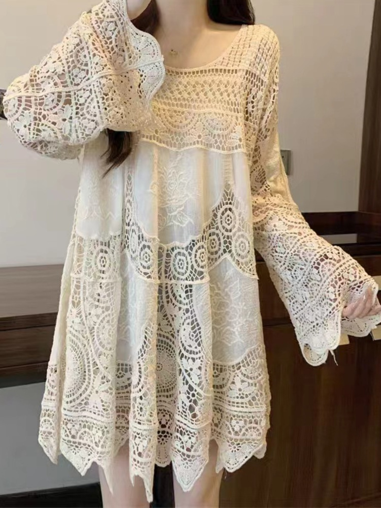 SHENGPALAE-Robe en Dentelle à Manches Mi-sulfpour Femme, Grand Ourlet, Amissié, Élégante, à la Mode, Nouvelle Collection Printemps Été 2024, 5R9579