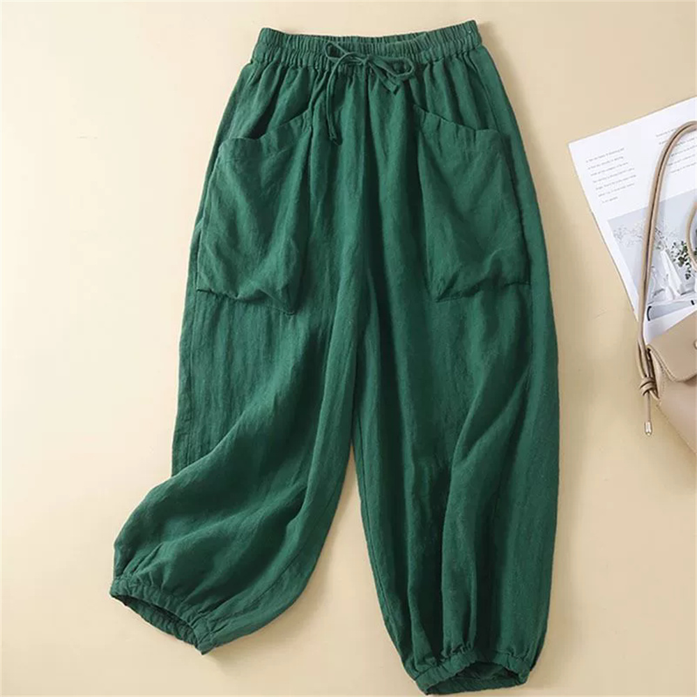 Mode coréenne coton noir pantalon femmes été 2025 nouveau décontracté ample grandes poches élastique taille haute lanterne pantalon pantalon