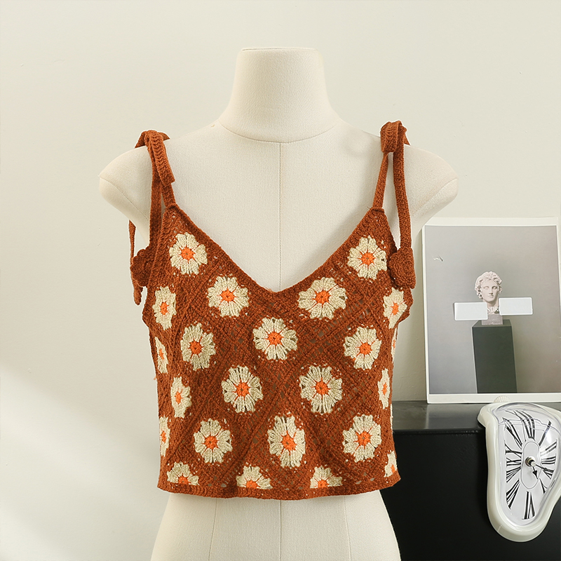 Haut court sans manches en Crochet pour femmes, broderie florale, à lacets, plage, douce, pour filles, débardeur de Style français, livraison directe