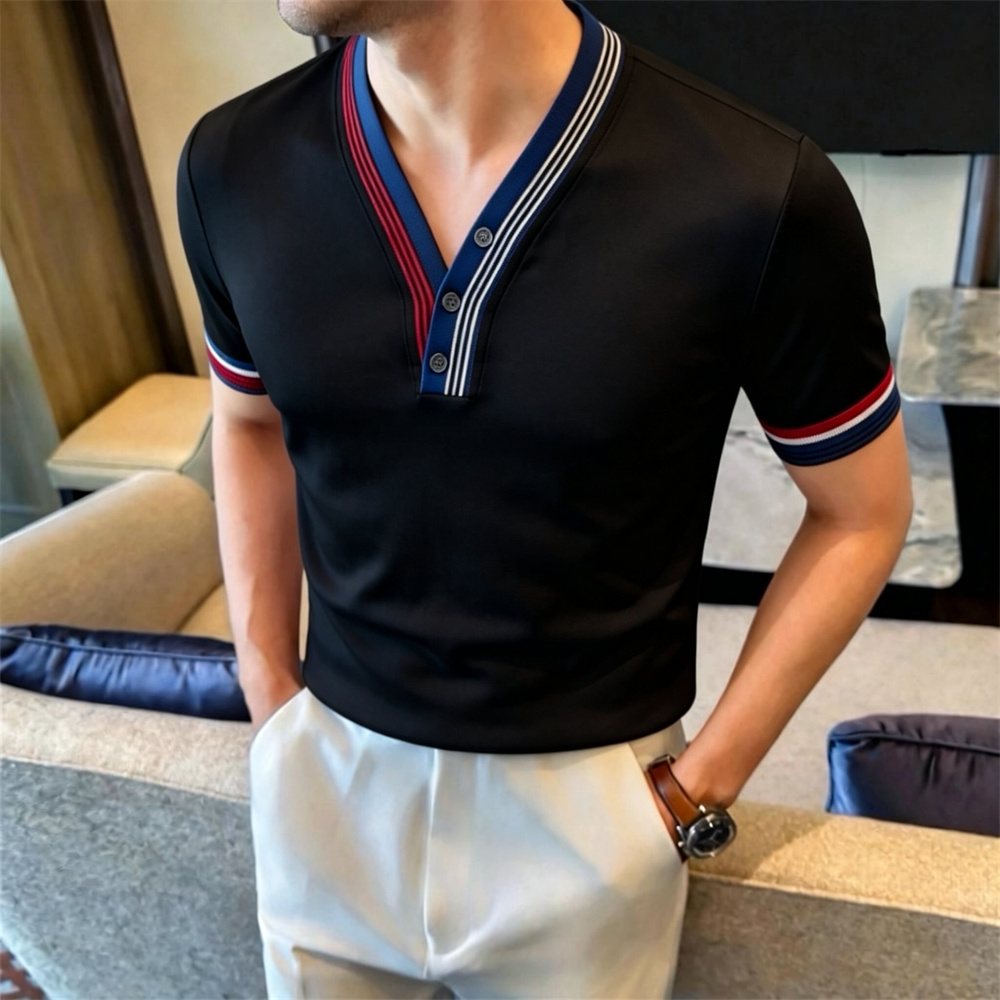 T-shirts en tricot élastique de luxe pour hommes, col en V élégant, coupe ajustée, hauts décontractés et tendance pour l'été, vêtements streetwear pour hommes