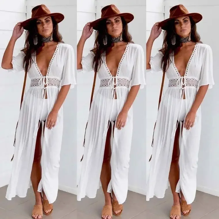 Robe de plage longue à col en V pour femme, cover up pour bikini, tunique blanche, vêtements de plage