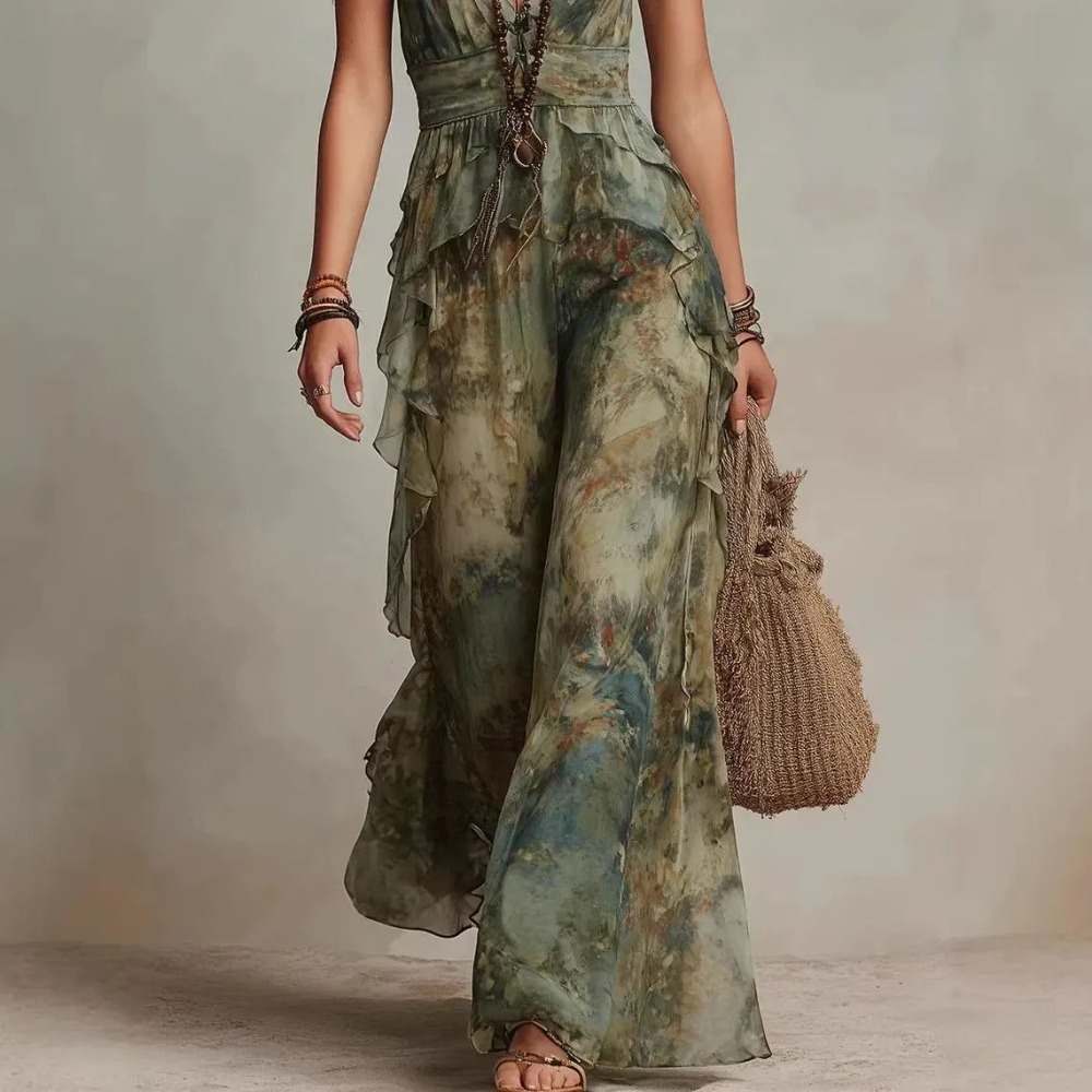 Robe longue d'été fluide pour femme, style bohème vintage imprimé, à bretelles spaghetti, décolleté en V profond, taille à volants, dos découpé