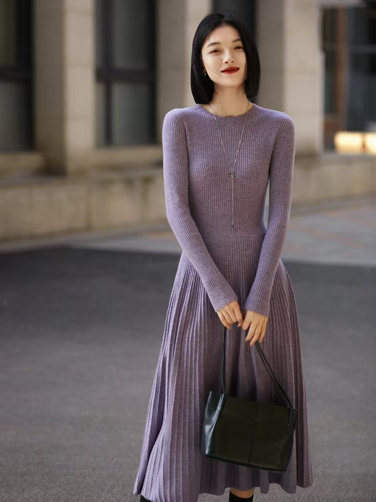 Femmes pull 100% laine mérinos robe a-ligne jupes plissées printemps automne pull cachemire mince robe évasée col rond tricots