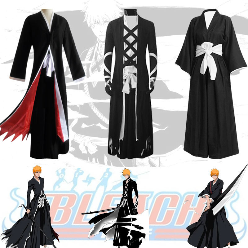 Costume de cosplay BLEACH, uniforme de Shinigami Kurosaki Ichigo, 3 styles de cape Bankai, robe kimono noire basique pour fête de carnaval