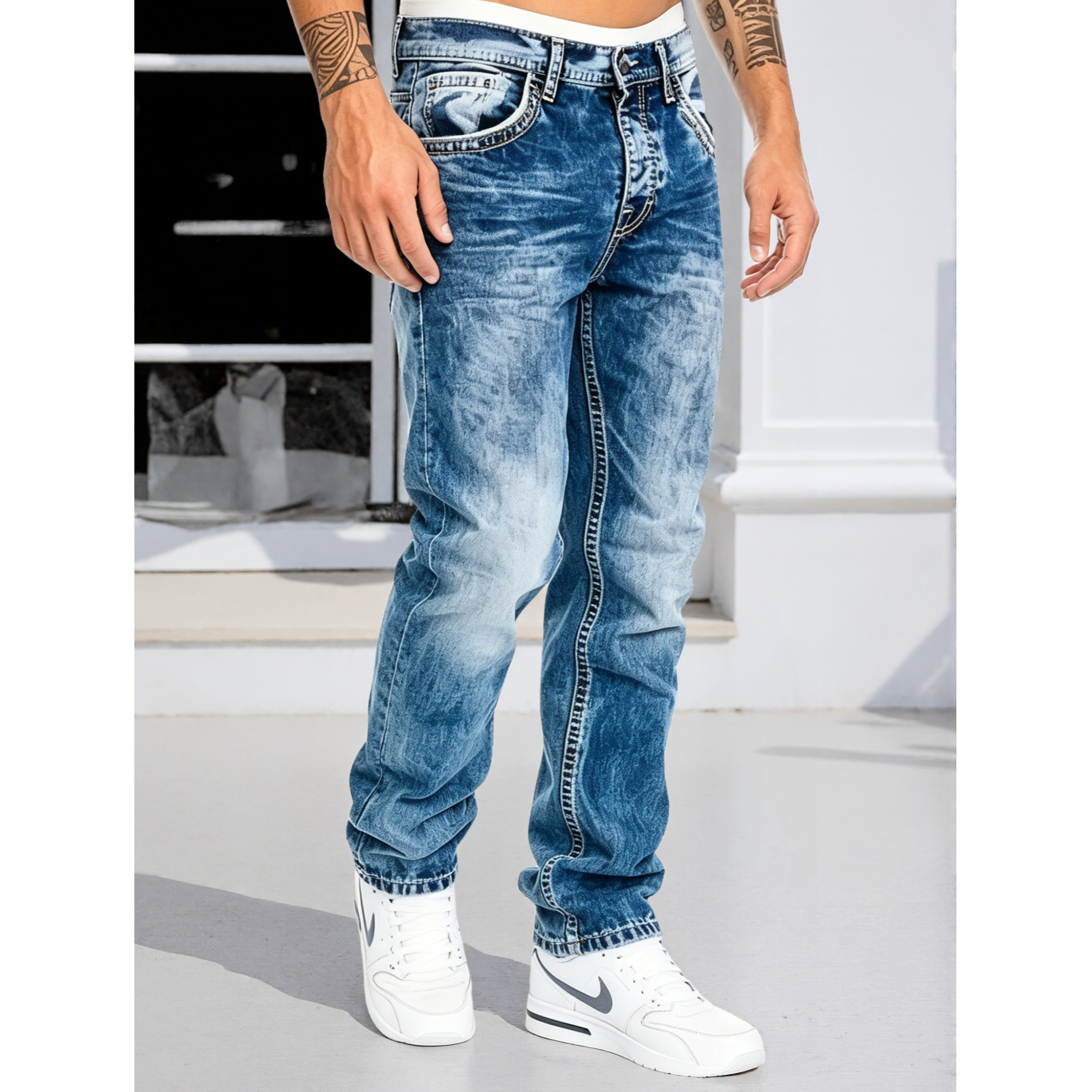 Jeans pour homme, pantalon classique coupe droite, denim extensible, vintage, couleur unie, pour un style streetwear
