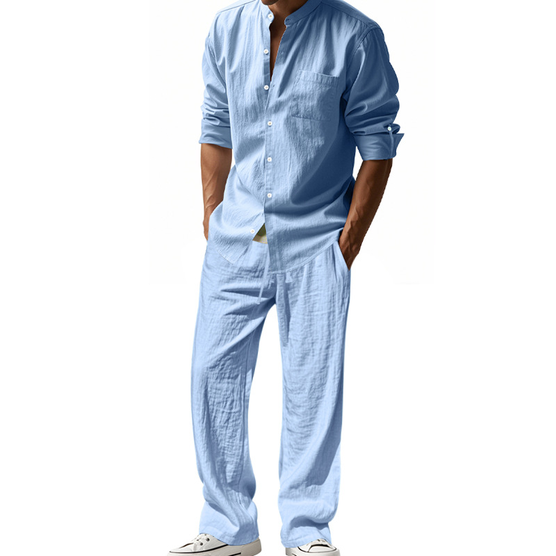 Survêtement 2025 saisons lin hommes décontracté ample respirant à manches longues pantalon chemise plage ensemble en Stock vêtements masculins grande taille