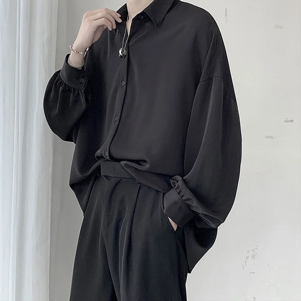 Chemises à manches longues pour hommes de Style coréen cravate noire confortable décontracté solide surdimensionné Blouses respirant chemise ample Harajuku vêtements masculins