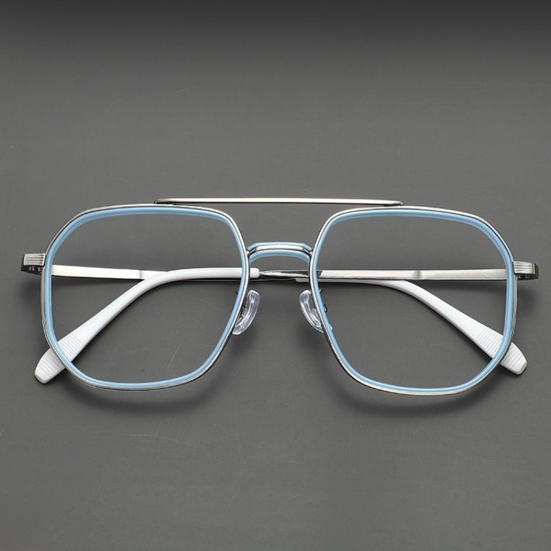 Lunettes de pilote unisexe style steampunk en métal, monture carrée polygonale, anti-lumière bleue, pour ordinateur, verres transparents, double pont