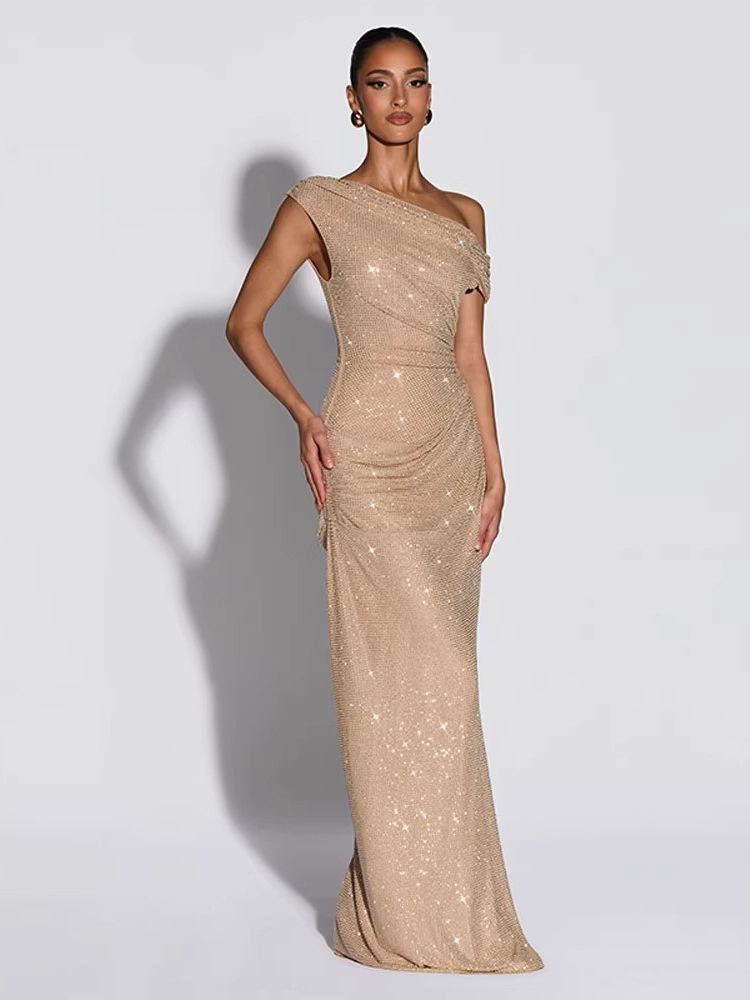 Nouvelle collection Printemps/Été 2026, Robe longue élégante pour femme, coupe ajustée, épaule asymétrique, ornée de strass, pour soirée