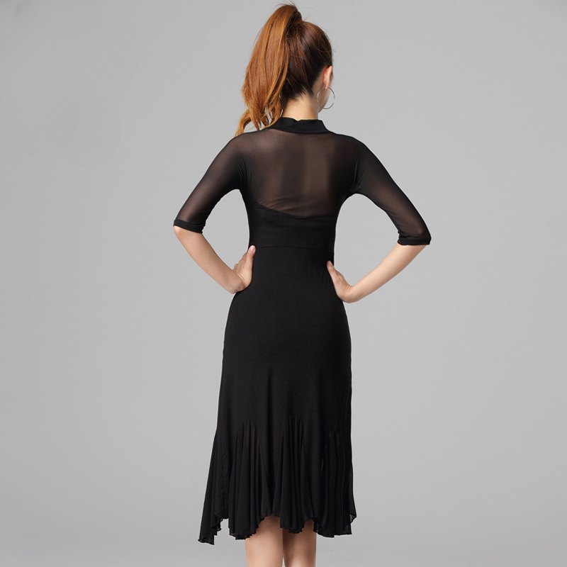 Vêtements de danse latine pour femmes, Costume de danse en ligne, robe noire pour femmes adultes, danse avancée, pratique professionnelle, robe à col en v Samba